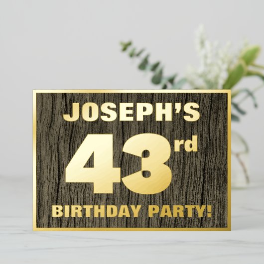 第43回誕生日パーティはっきりしたーフェイク:, Wood Grain Pattern 箔招待状 (立ち正面)