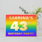 第43回誕生日パーティー：おもしろいカラフル、レインボーパターン 箔招待状 (立ち正面)
