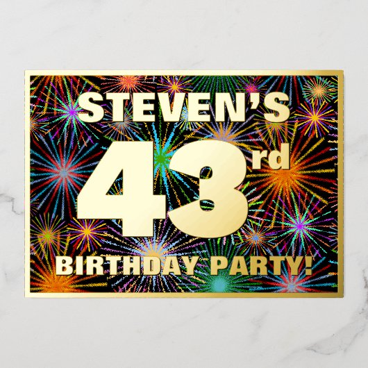 第43回誕生日パーティー – おもしろいカラフル、Fireworks Look 箔招待状 (正面)
