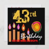 第43誕生日金ゴールドキャンドルとバルーンメタリック 招待状 (正面/裏面)