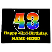 第43誕生日~おもしろい, カラフル, 鮮やか, Rainbow 43 ラージペーパーバッグ (正面)