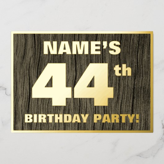 第44回バースデーパーティーはっきりした:,木目フェイク模様 箔招待状 (正面)