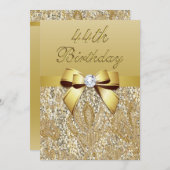 第44誕生日の金ゴールドのフェイクなスパンコールおよび弓 招待状 (正面/裏面)