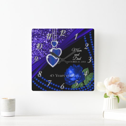 第45回サファイアブルーグリッターとバラ記念日 スクエア壁時計 (ホーム)