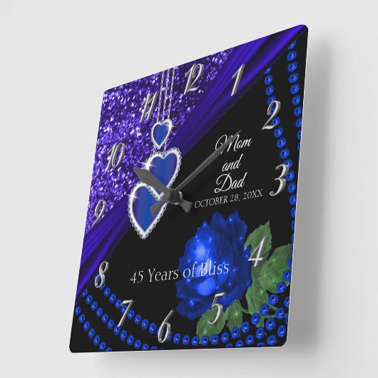 第45回サファイアブルーグリッターとバラ記念日 スクエア壁時計 (傾斜)