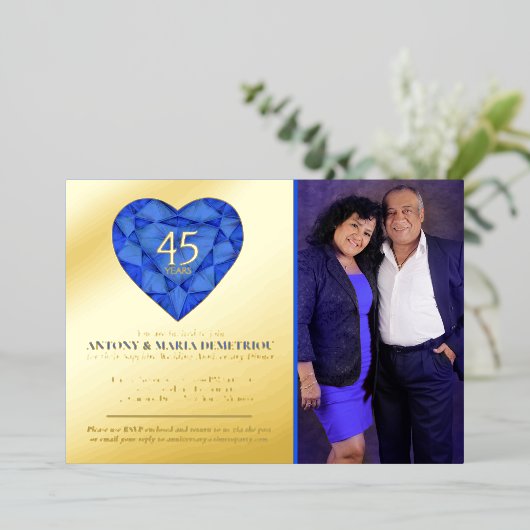 第45回サファイアブルー結婚ズ記念日ハート写真 箔招待状 (立ち正面)