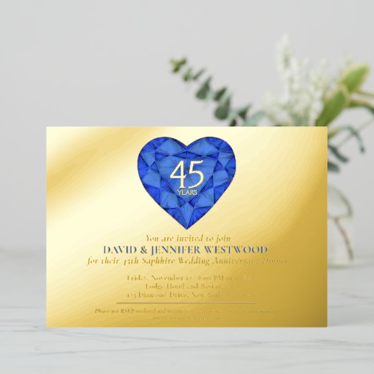 第45回サファイアブルー結婚ズ記念日ハート 箔招待状 (立ち正面)