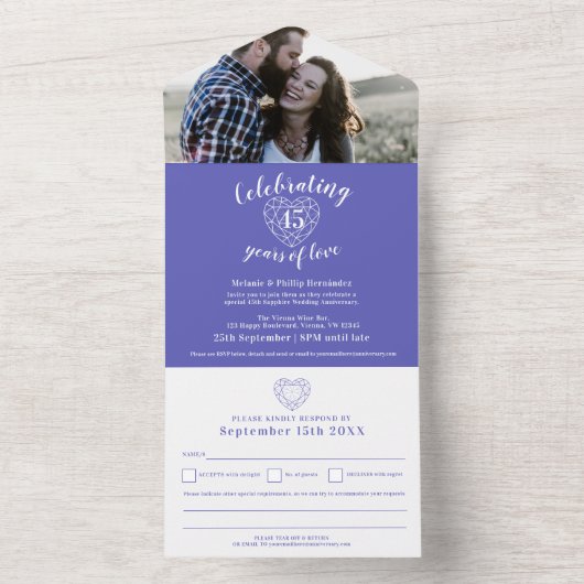 第45回サファイア結婚記念日RSVPフォトブルー オールインワン招待状 (内側)