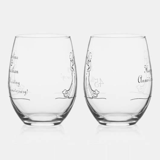 第45回サファイヤ結婚のアニバーサリーラインアートカップル ステムなしワイングラス (左)