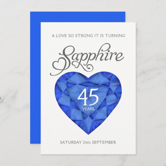 第45回サファイヤ結婚の強いハート水色ブルー 招待状 (正面/裏面)