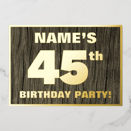 第45回誕生日パーティーはっきりした：木目フェイク模様 箔招待状 (正面)