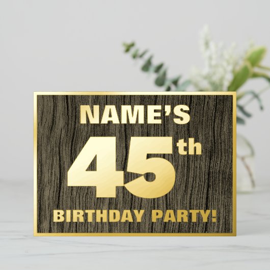 第45回誕生日パーティーはっきりした：木目フェイク模様 箔招待状 (立ち正面)