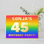 第45回誕生日パーティー:おもしろいカラフル、レインボーパターン 箔招待状 (立ち正面)