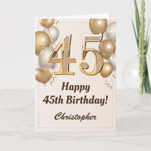 第45誕生日金ゴールドバルーンと紙吹雪誕生日 カード (正面)