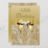 第45誕生日金ゴールドフェイクセクインとボウ 招待状 (正面/裏面)