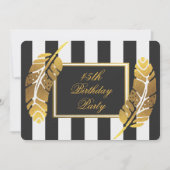 第45誕生日金ゴールドフェザー白黒ストライプ 招待状 (正面)
