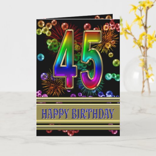 第45誕生日、虹の泡と花火 カード (黄色い花)