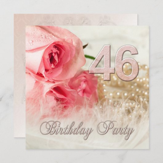 第46回バースデーパーティーの招待状、バラ、真珠 招待状 (正面/裏面)