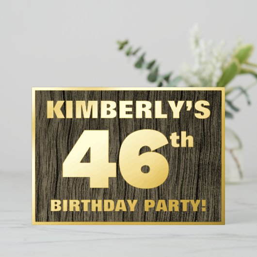 第46回バースデーパーティーはっきりした:，木目フェイク模様 箔招待状 (立ち正面)