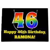 第46誕生日~おもしろい, カラフル, 鮮やか, Rainbow 46 ラージペーパーバッグ (正面)