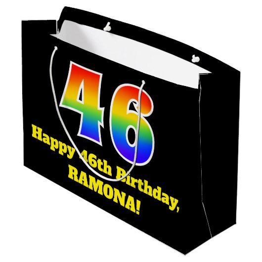 第46誕生日~おもしろい, カラフル, 鮮やか, Rainbow 46 ラージペーパーバッグ (裏面アングル)