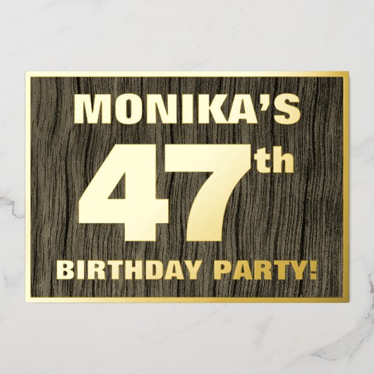 第47回バースデーパーティーはっきりした:,木目フェイク模様 箔招待状 (正面)