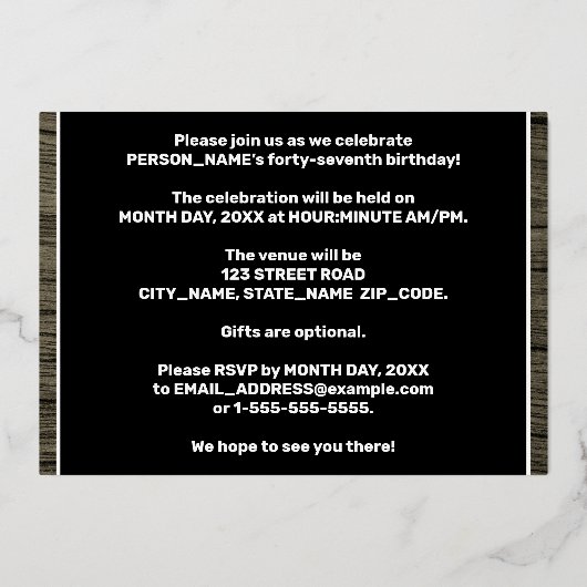 第47回バースデーパーティーはっきりした:,木目フェイク模様 箔招待状 (裏面)