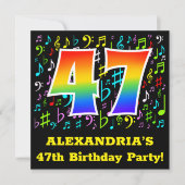 第47回バースデーパーティー：おもしろいミュージックシンボルRainbow 47 招待状 (正面)