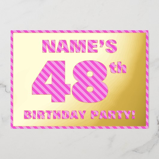 第48回バースデーパーティはっきりした:おもしろい、ピンクストライプ色の# 48 箔招待状 (正面)