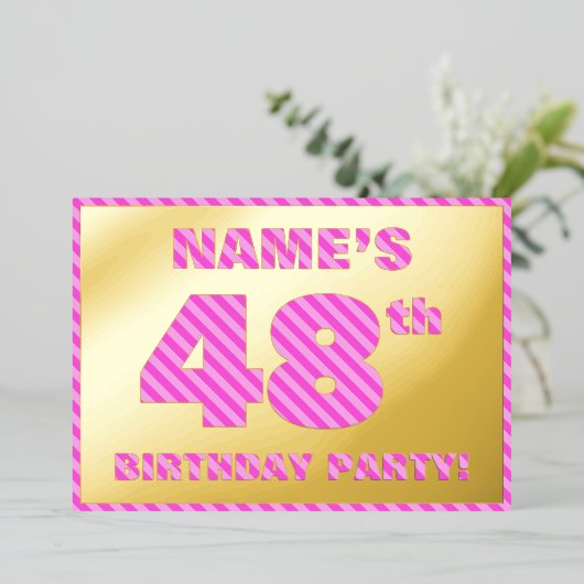 第48回バースデーパーティはっきりした:おもしろい、ピンクストライプ色の# 48 箔招待状 (立ち正面)