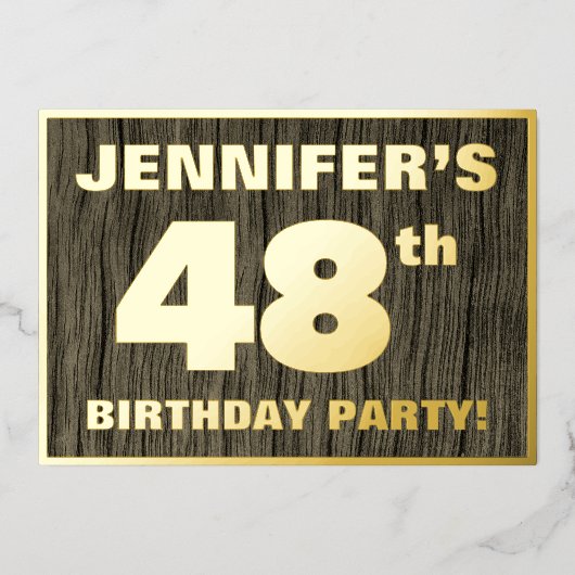 第48回誕生日パーティーはっきりした:木目フェイク模様 箔招待状 (正面)