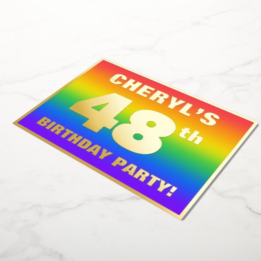 第48回誕生日パーティー:おもしろい、レインボーカラフルパターン 箔招待状 (回転した状態)