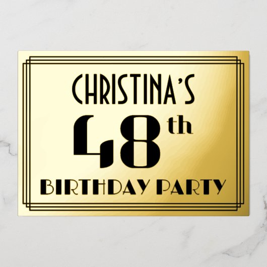 第48回誕生日パーティー：アールデコの外観"48"と名前 箔招待状 (正面)