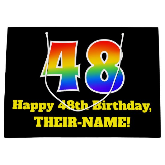 第48誕生日~おもしろい, カラフル, 鮮やか, Rainbow 48 ラージペーパーバッグ (正面)