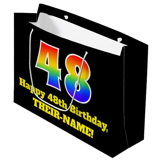 第48誕生日~おもしろい, カラフル, 鮮やか, Rainbow 48 ラージペーパーバッグ (正面アングル)