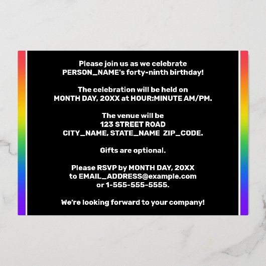 第49回誕生日会：おもしろい、レインボーカラフルパターン 箔招待状 (裏面)