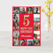 第5ハッピーバースデー赤と金ゴールドの写真コラージュ カード (黄色い花)