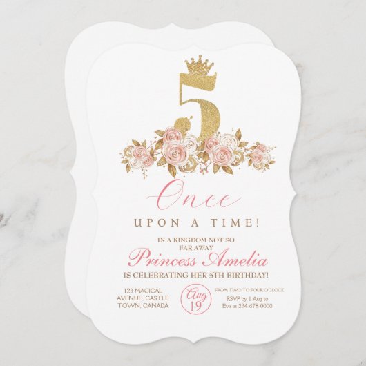 第5回キュートピンク金ゴールドクラウンプリンセス誕生日 招待状 (正面/裏面)