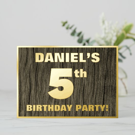 第5回バースデーパーティはっきりしたー：木フェイク粒パターン 箔招待状 (立ち正面)