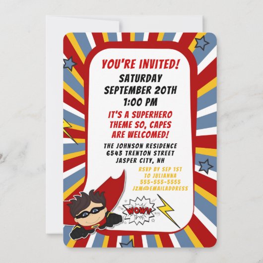 第5回バースデーパーティースーパーヒーローレッド漫画フォーボーイズ 招待状 (裏面)