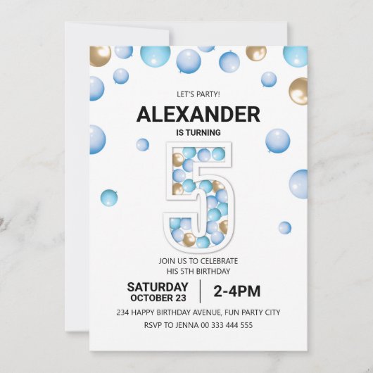 第5回バースデーパーティー青と金ゴールドバルーンボーイ 招待状 (正面)