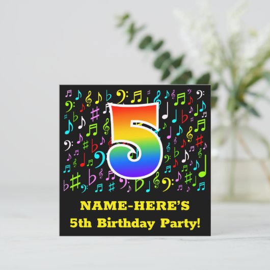 第5回バースデーパーティー:おもしろいミュージックシンボルRainbow 5 招待状 (スタンド正面)