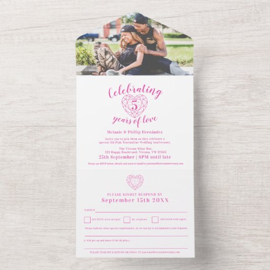 第5回ピンク・ト結婚ルマリンの記念RSVP写真 オールインワン招待状 (内側)