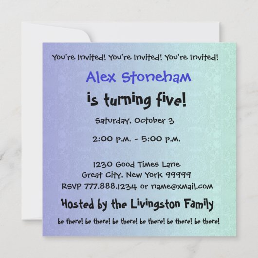 第5回誕生日パーテモダンィ青と黒のW689E 招待状 (裏面)