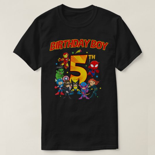 第5回誕生日ボーイスーパーヒーローヒーローすごいパー Tシャツ (デザイン正面)