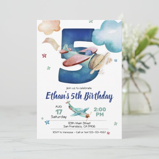 第5次誕生日招待状-飛行機テーマ 招待状 (スタンド正面)