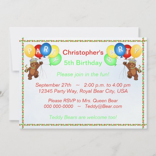 第5誕生会の王室のなテディー・ベア 招待状 (裏面)
