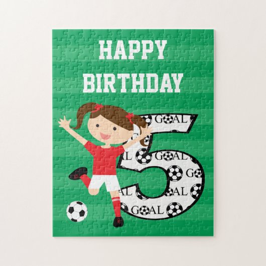 第5誕生日の赤と白のサッカーの女の子1 ジグソーパズル (縦)