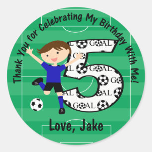 第5誕生日は青および黒いサッカーを感謝していしています ラウンドシール