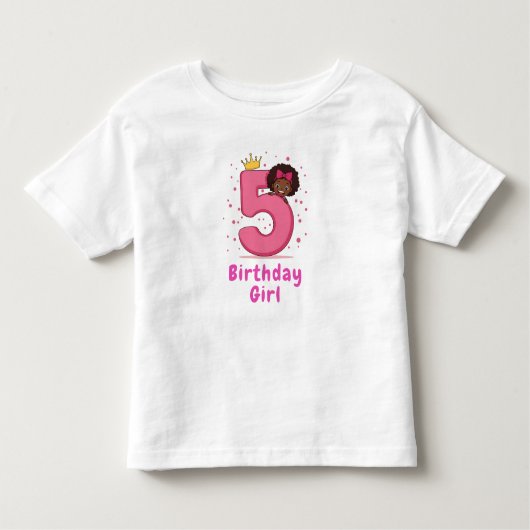 第5誕生日ガールピンク数字クラウンカーリーヘア トドラーTシャツ (正面)
